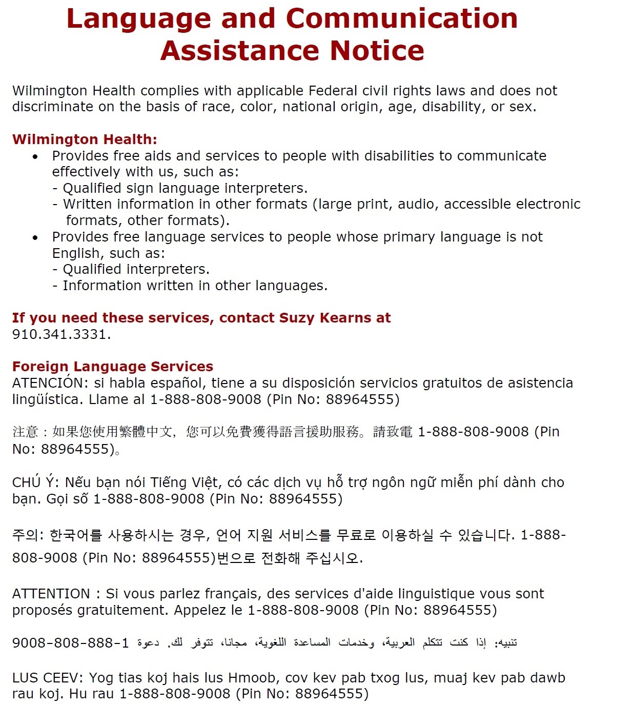 Language and Communication Assistance Notice Wilmington Health