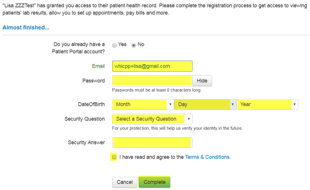Image of Patient Portal Registration Page