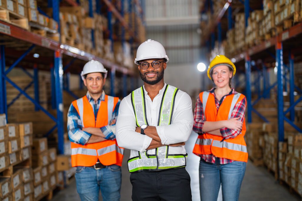 A small group of warehouse workers standing in a large distribution center